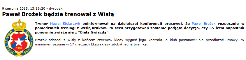 Paweł Brożek może ponownie zagrać w Wiśle